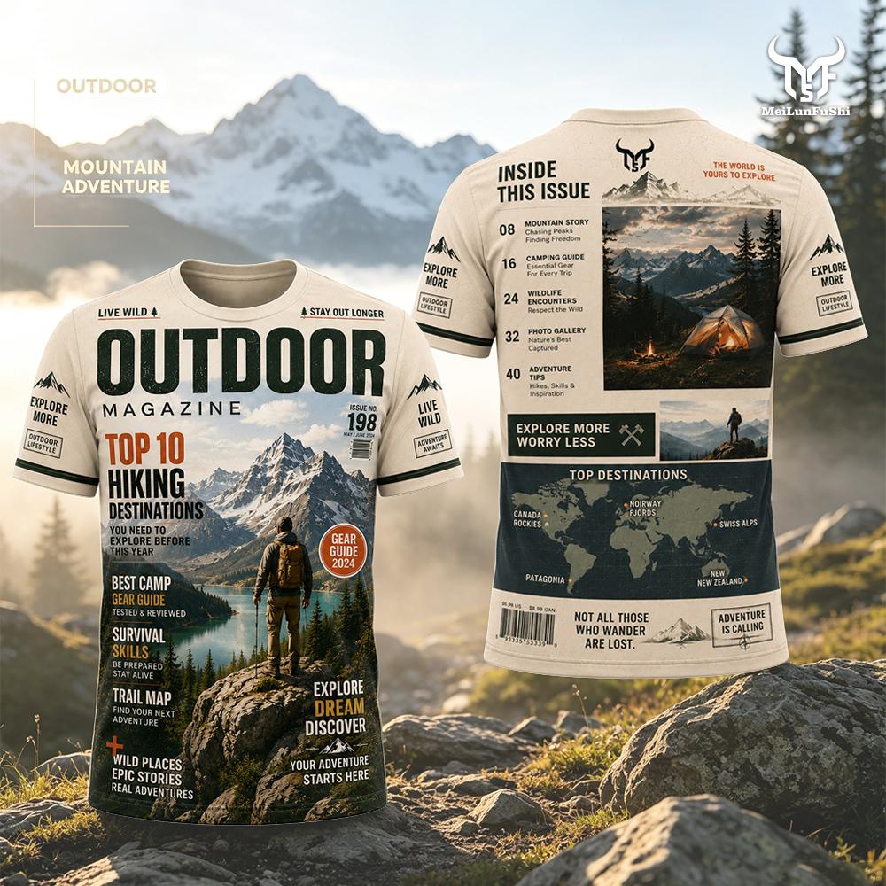 Outdoor Adventure Magazines - เสื้อยืดพิมพ์ลายสไตล์นักเดินทาง สำหรับกิจกรรมกลางแจ้ง เดินป่า แห้งเร็ว ทรงหลวม คอกลม