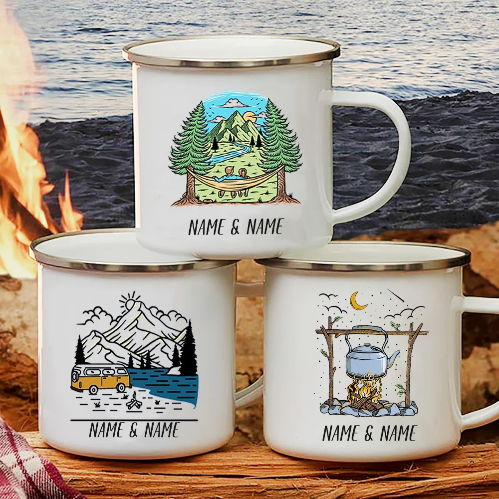 Outdoor Adventure Names - แก้วเคลือบพร้อมชื่อส่วนตัวสำหรับผู้ออกค่ายพิมพ์คาราวานแคมป์ปิ้งผจญภัยแคมป์ไฟแก้วปาร์ตี้เบียร์ถ้วยน้ำผลไม้